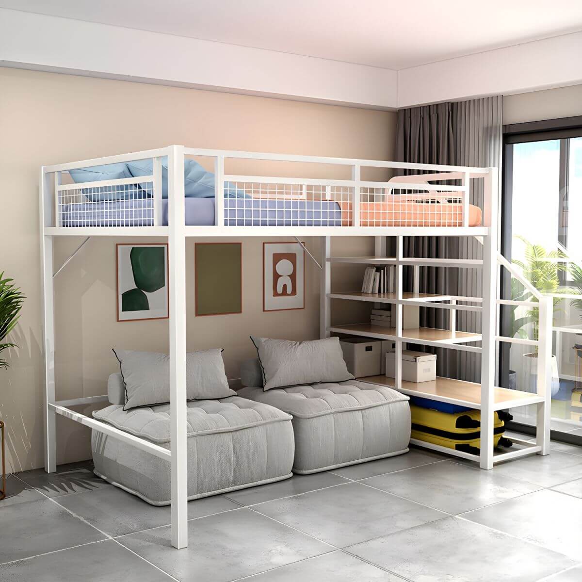 Modern White Metal Loft Bed with Stairs and Storage Main Product Image
