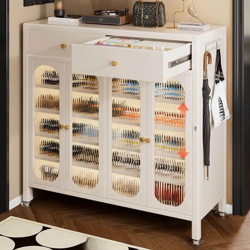 Modern White Metal Shoe Storage Cabinet with Adjustable Shelves & LED Accent