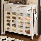 Modern White Metal Shoe Storage Cabinet with Adjustable Shelves & LED Accent