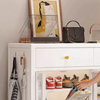 Modern White Metal Shoe Storage Cabinet with Adjustable Shelves & LED Accent