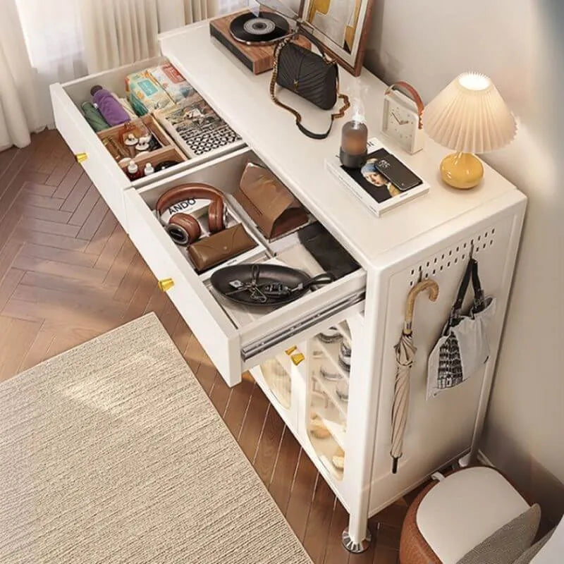 Modern White Metal Shoe Storage Cabinet with Adjustable Shelves & LED Accent