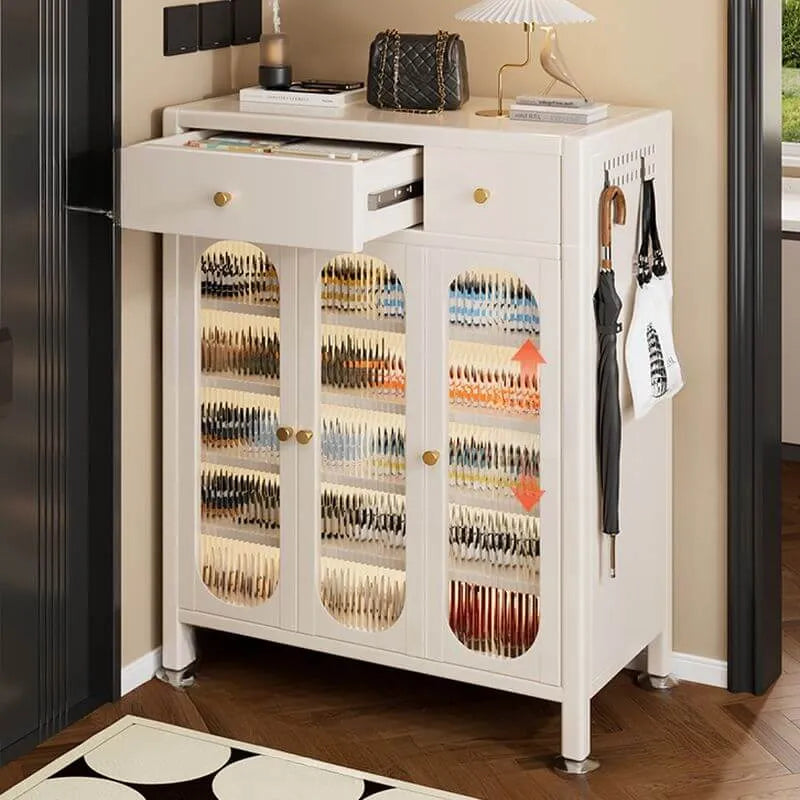 Modern White Metal Shoe Storage Cabinet with Adjustable Shelves & LED Accent