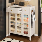 Modern White Metal Shoe Storage Cabinet with Adjustable Shelves & LED Accent