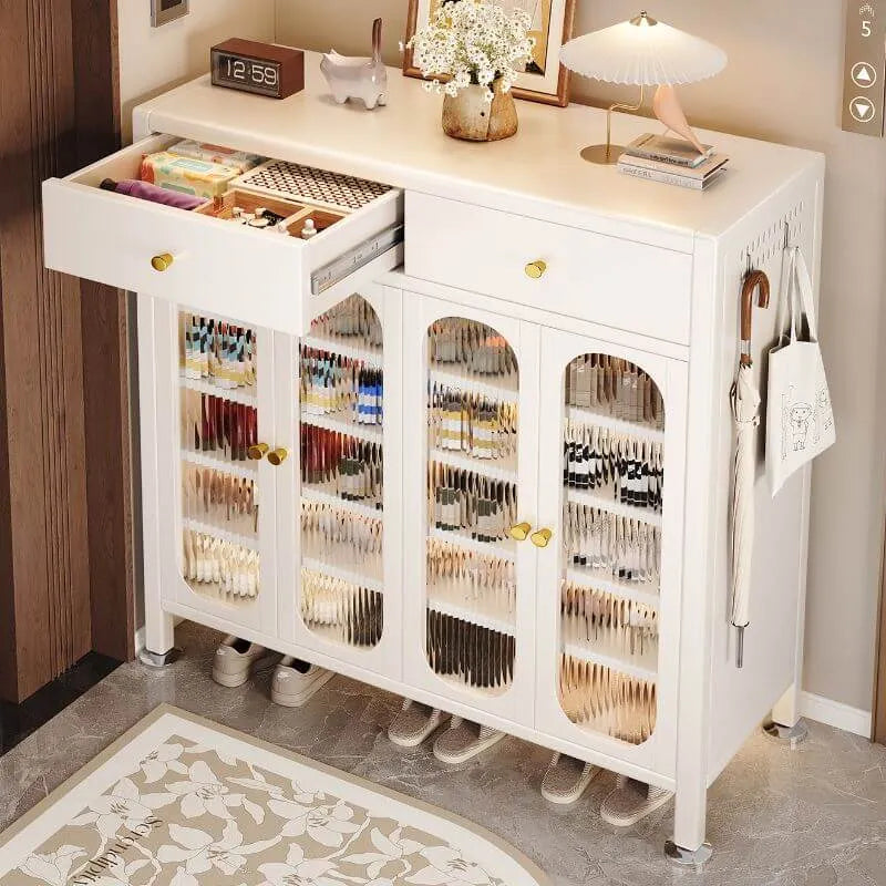 Modern White Metal Shoe Storage Cabinet with Adjustable Shelves & LED Accent