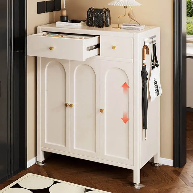 Modern White Metal Shoe Storage Cabinet with Adjustable Shelves & LED Accent