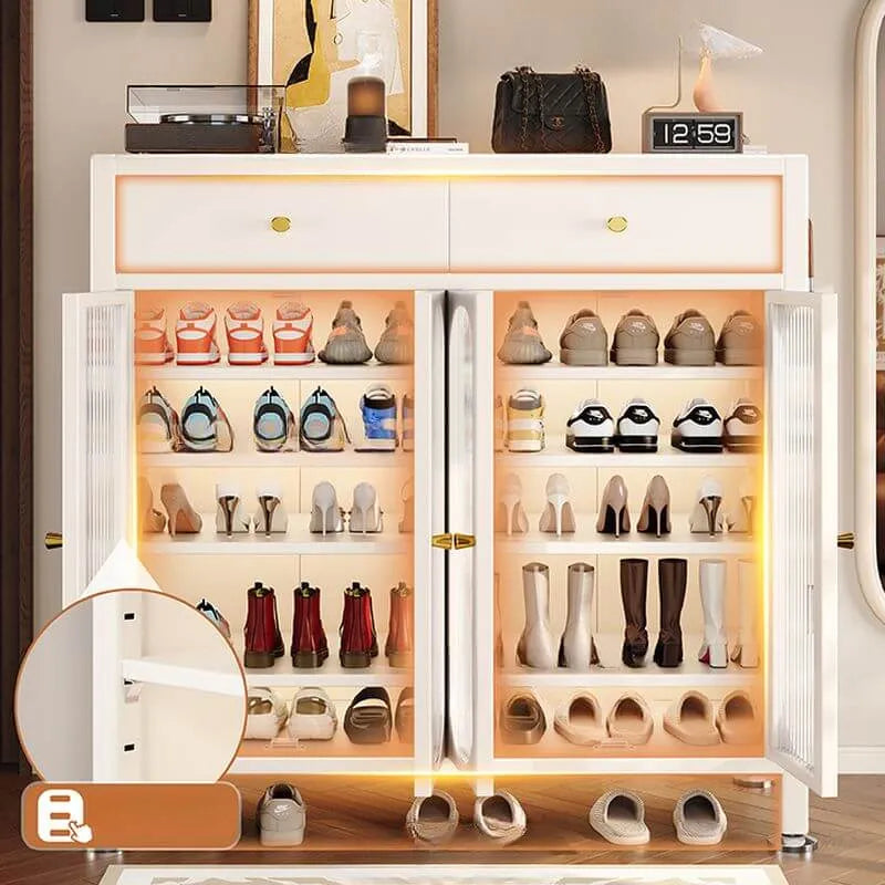 Modern White Metal Shoe Storage Cabinet with Adjustable Shelves & LED Accent