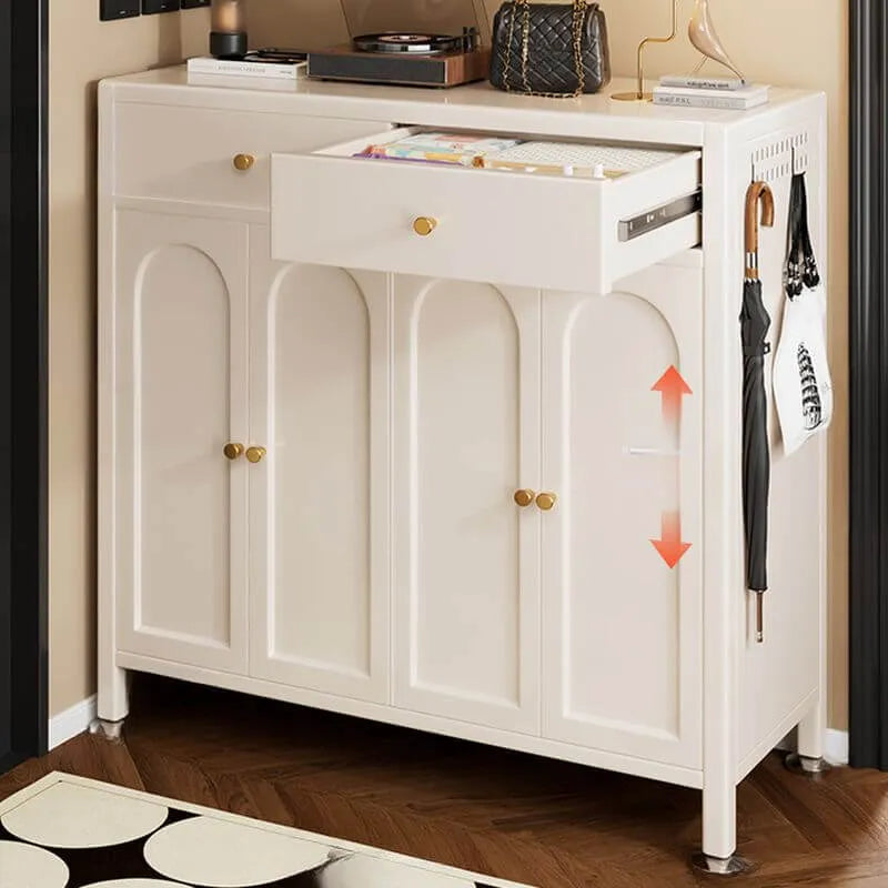 Modern White Metal Shoe Storage Cabinet with Adjustable Shelves & LED Accent