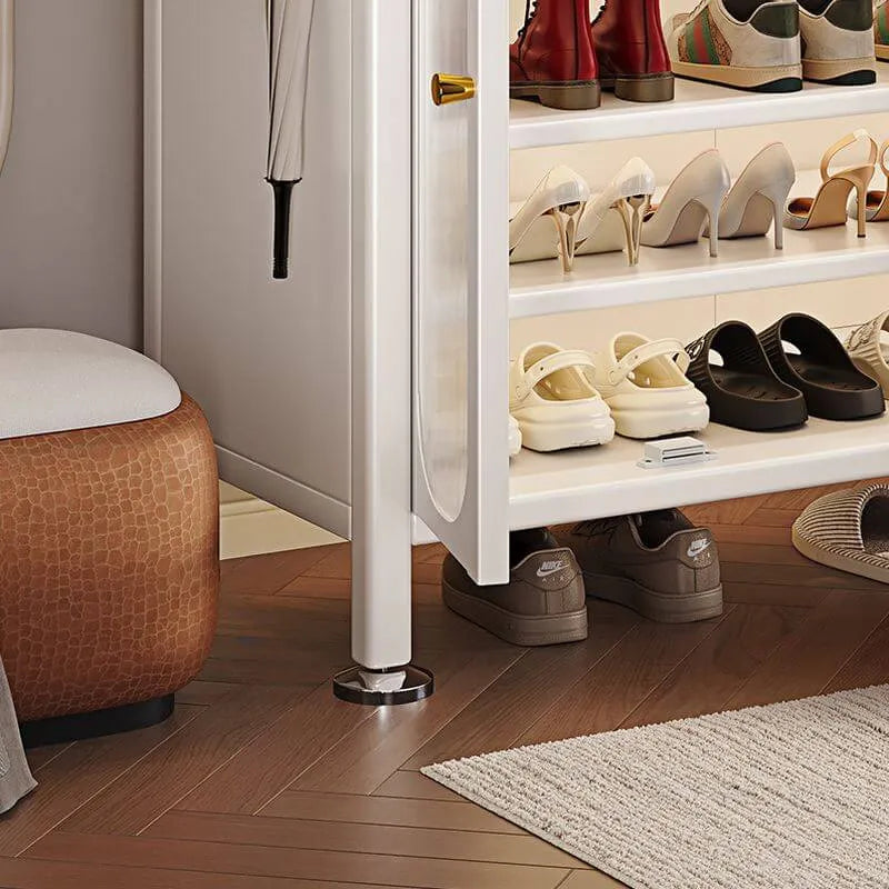 Modern White Metal Shoe Storage Cabinet with Adjustable Shelves & LED Accent
