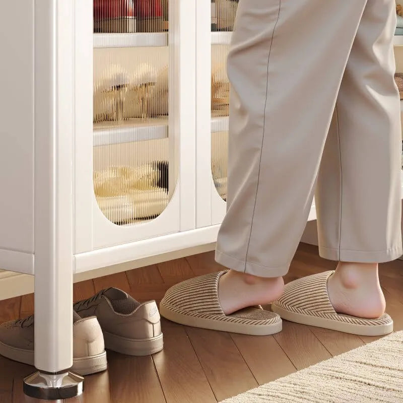 Modern White Metal Shoe Storage Cabinet with Adjustable Shelves & LED Accent