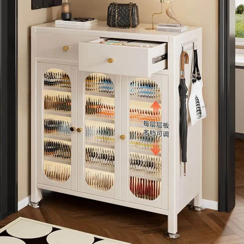 Modern White Metal Shoe Storage Cabinet with Adjustable Shelves & LED Accent