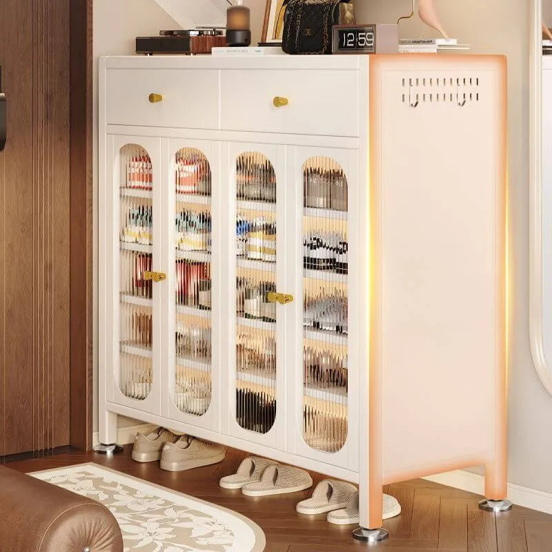 Modern White Metal Shoe Storage Cabinet with Adjustable Shelves & LED Accent Main Product Image