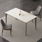 White rectangular sintered stone tabletop dining table with solid wood base in minimalist design main product image