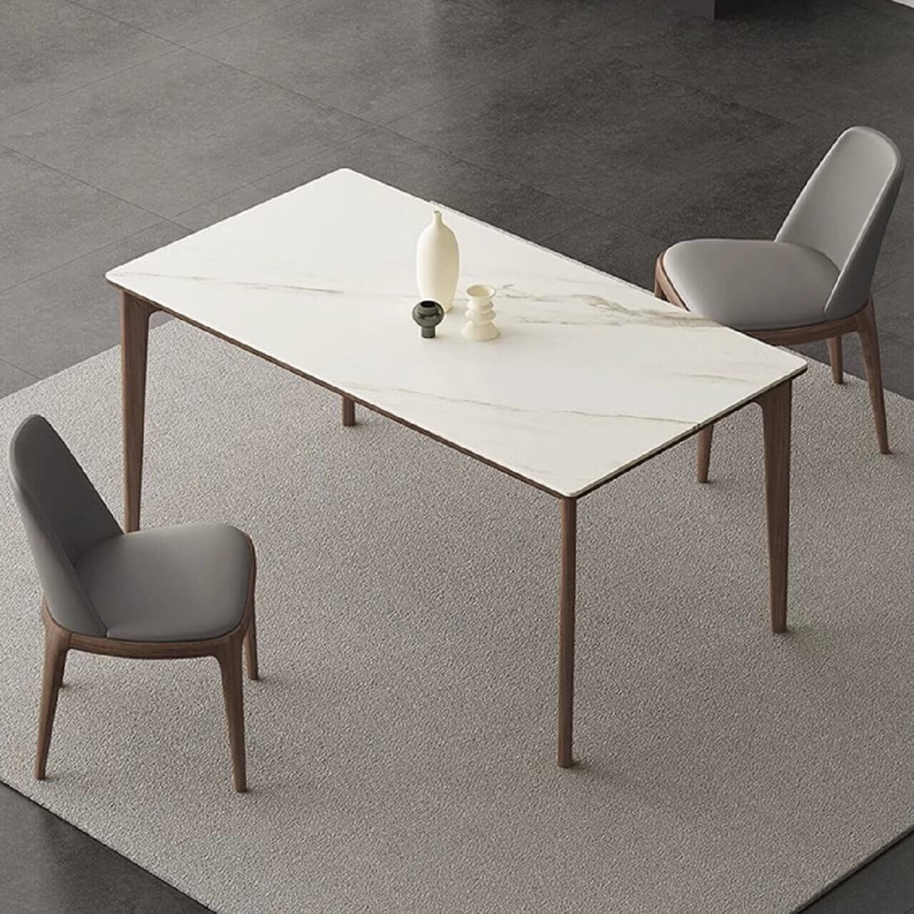 White rectangular sintered stone tabletop dining table with solid wood base in minimalist design main product image