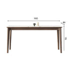 White rectangular sintered stone tabletop dining table with solid wood base in minimalist design