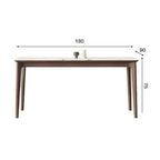 White rectangular sintered stone tabletop dining table with solid wood base in minimalist design
