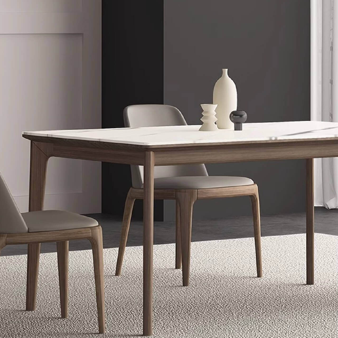 White rectangular sintered stone tabletop dining table with solid wood base in minimalist design