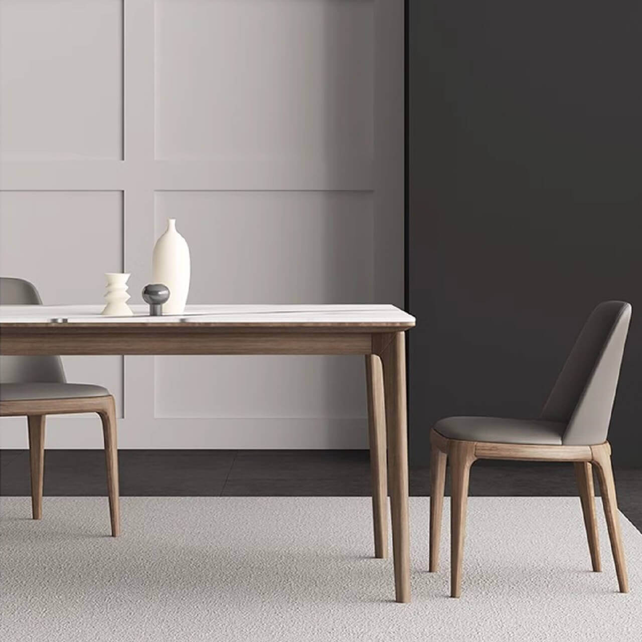 White rectangular sintered stone tabletop dining table with solid wood base in minimalist design