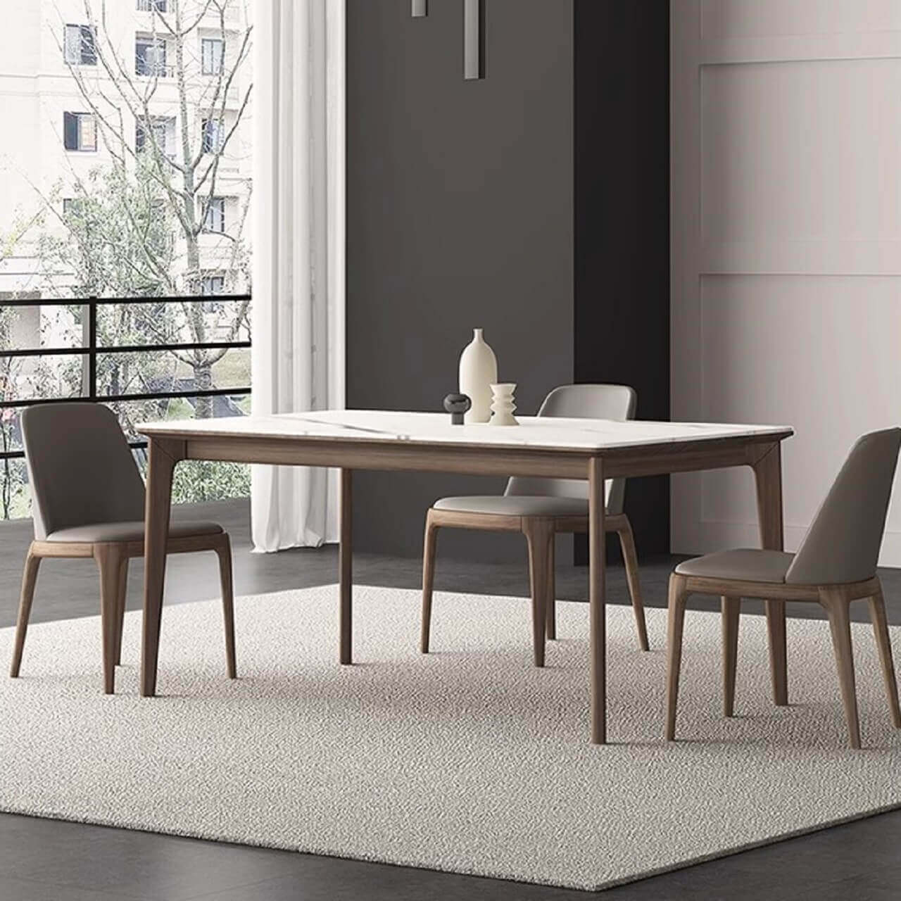 White rectangular sintered stone tabletop dining table with solid wood base in minimalist design