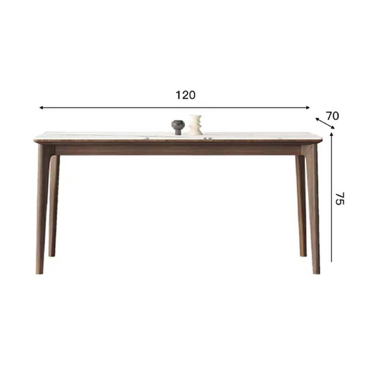 White rectangular sintered stone tabletop dining table with solid wood base in minimalist design