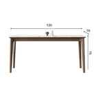 White rectangular sintered stone tabletop dining table with solid wood base in minimalist design