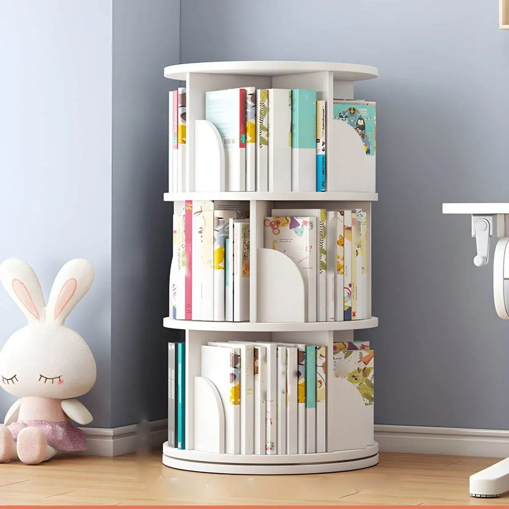 Modern White Rotating Geometric Bookshelf – Wood Open Storage