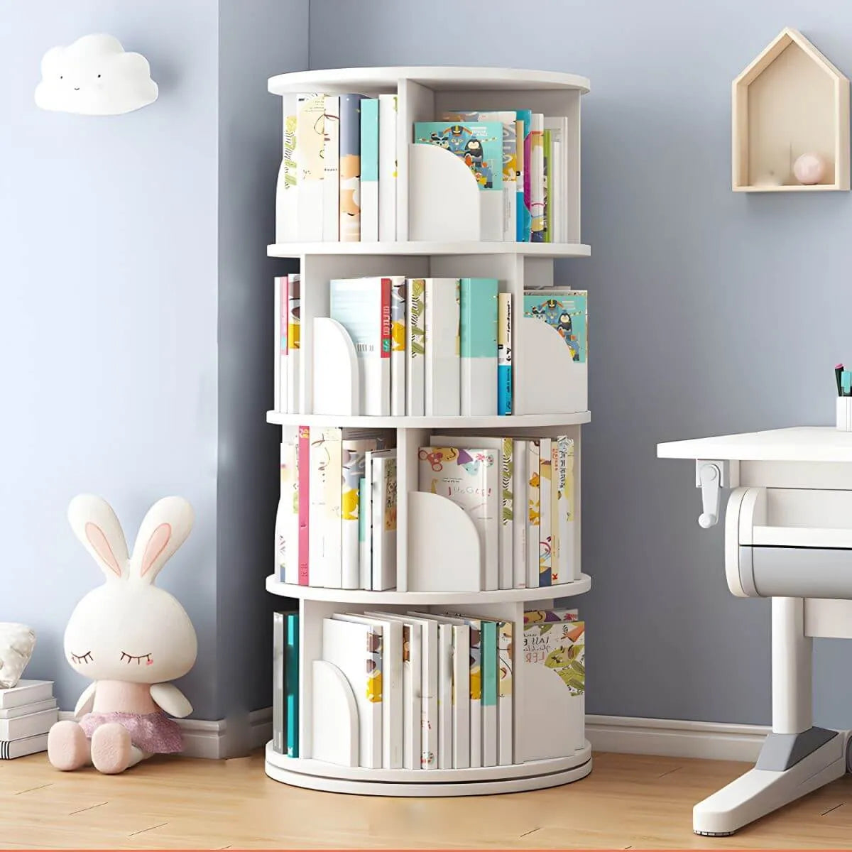 Modern White Rotating Geometric Bookshelf – Wood Open Storage