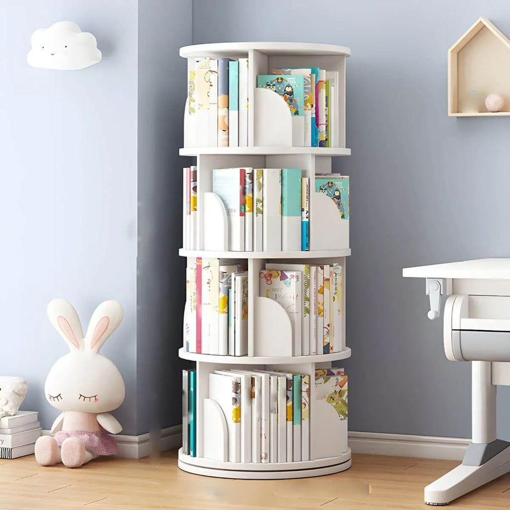 Modern White Rotating Geometric Bookshelf – Wood Open Storage