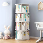 Modern White Rotating Geometric Bookshelf – Wood Open Storage