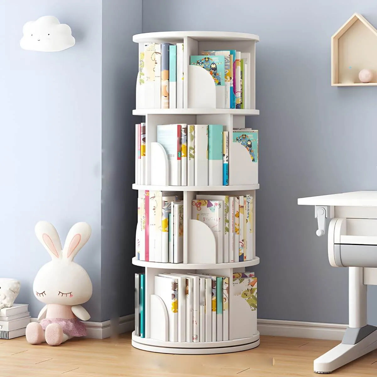 Modern White Rotating Geometric Bookshelf – Wood Open Storage