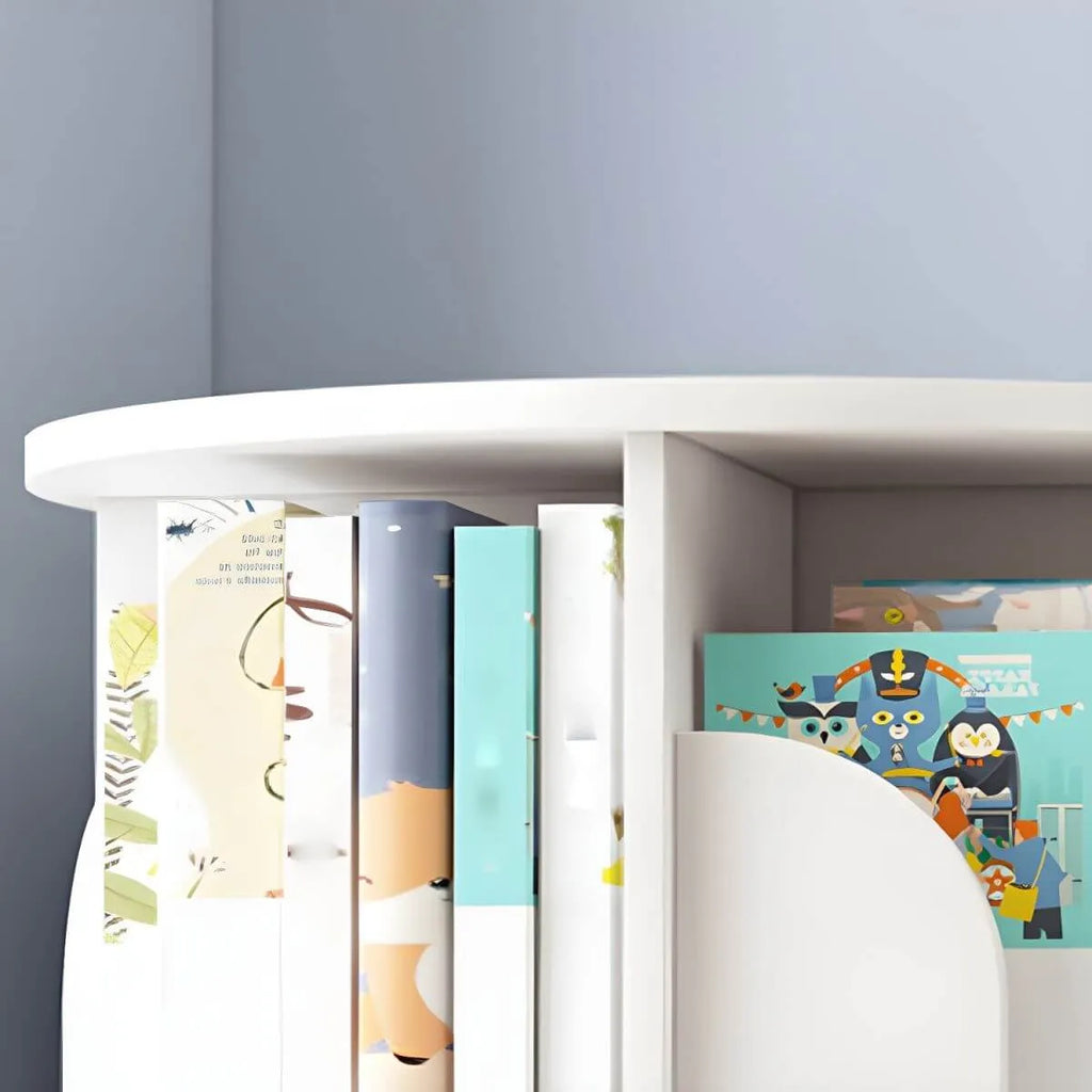 Modern White Rotating Geometric Bookshelf – Wood Open Storage