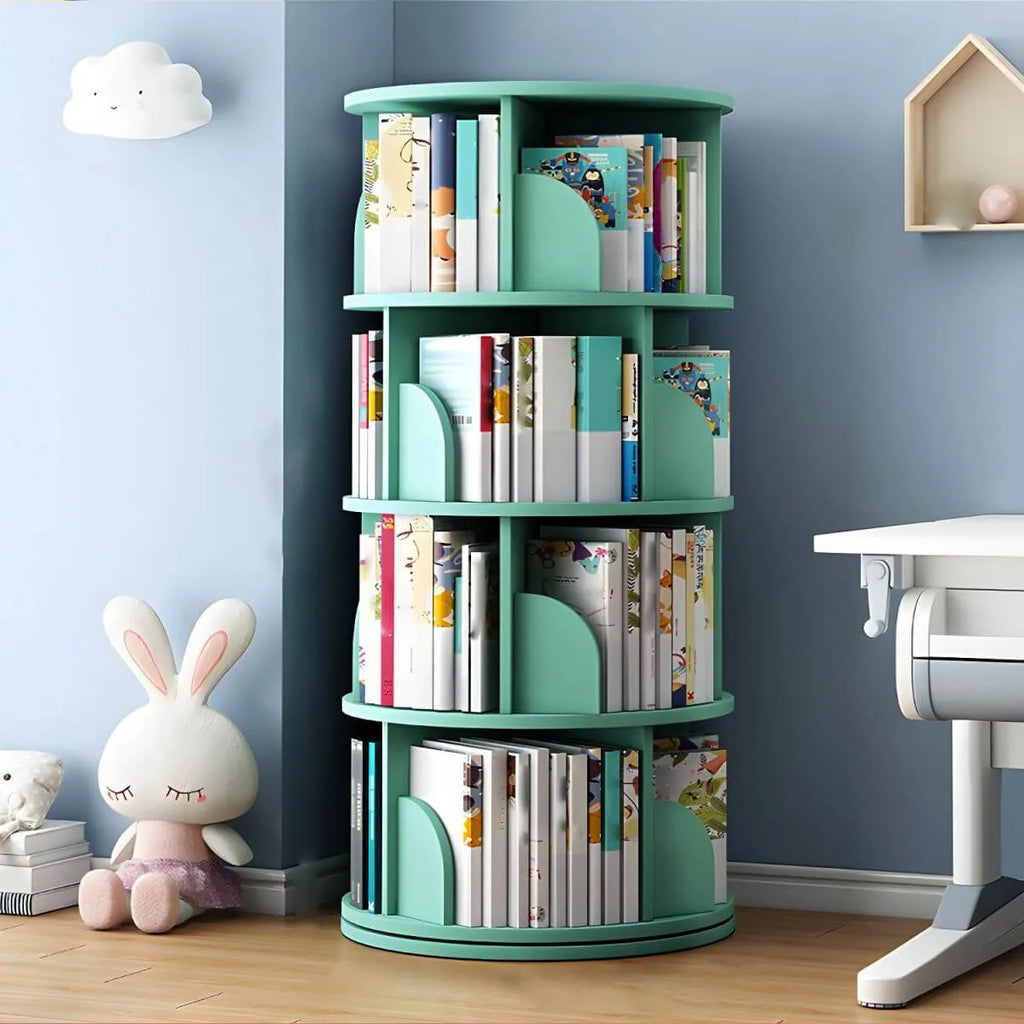 Modern White Rotating Geometric Bookshelf – Wood Open Storage