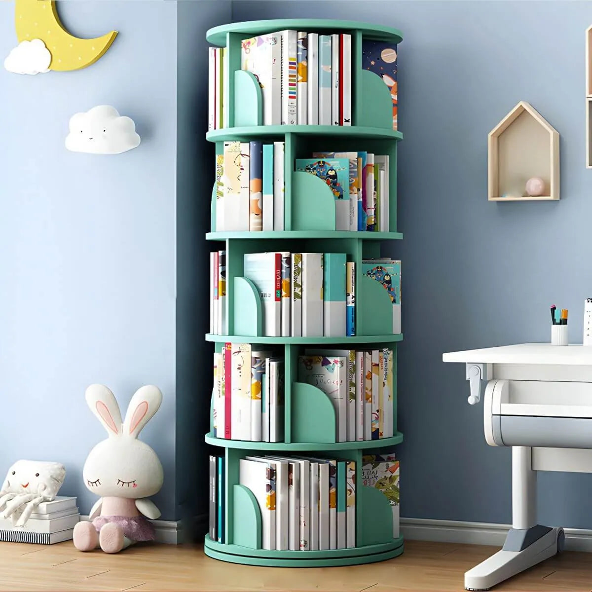 Modern White Rotating Geometric Bookshelf – Wood Open Storage