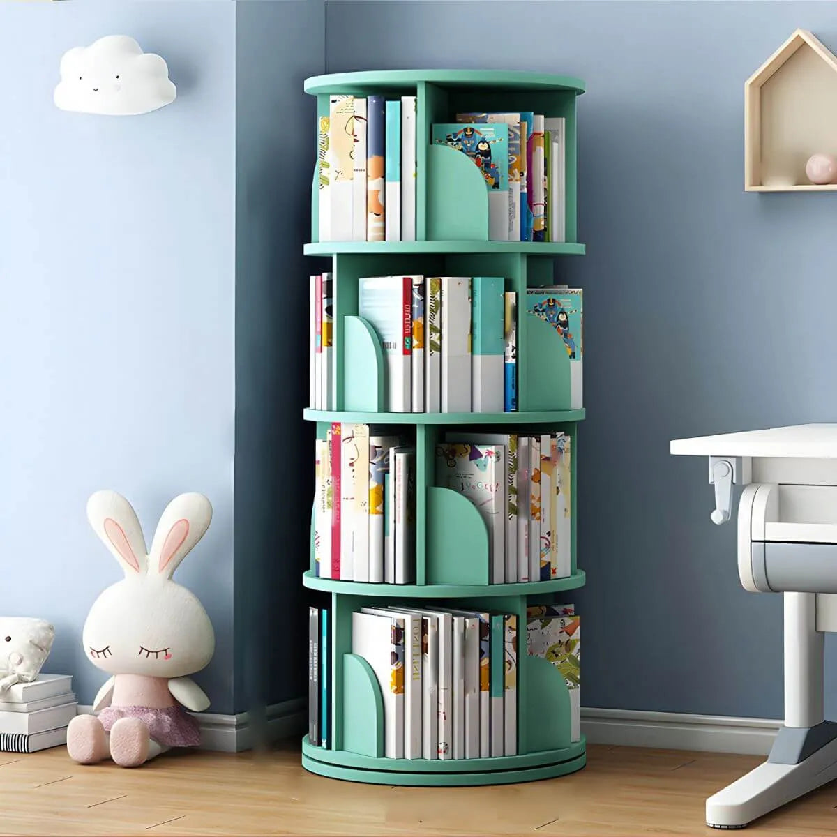 Modern White Rotating Geometric Bookshelf – Wood Open Storage