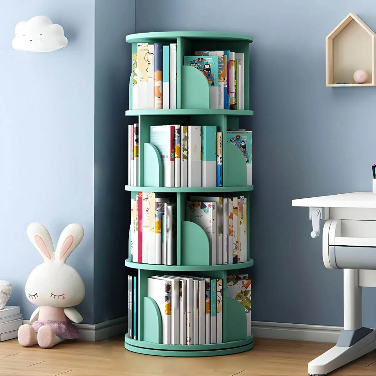 Modern White Rotating Geometric Bookshelf – Wood Open Storage Imagen secundaria del producto