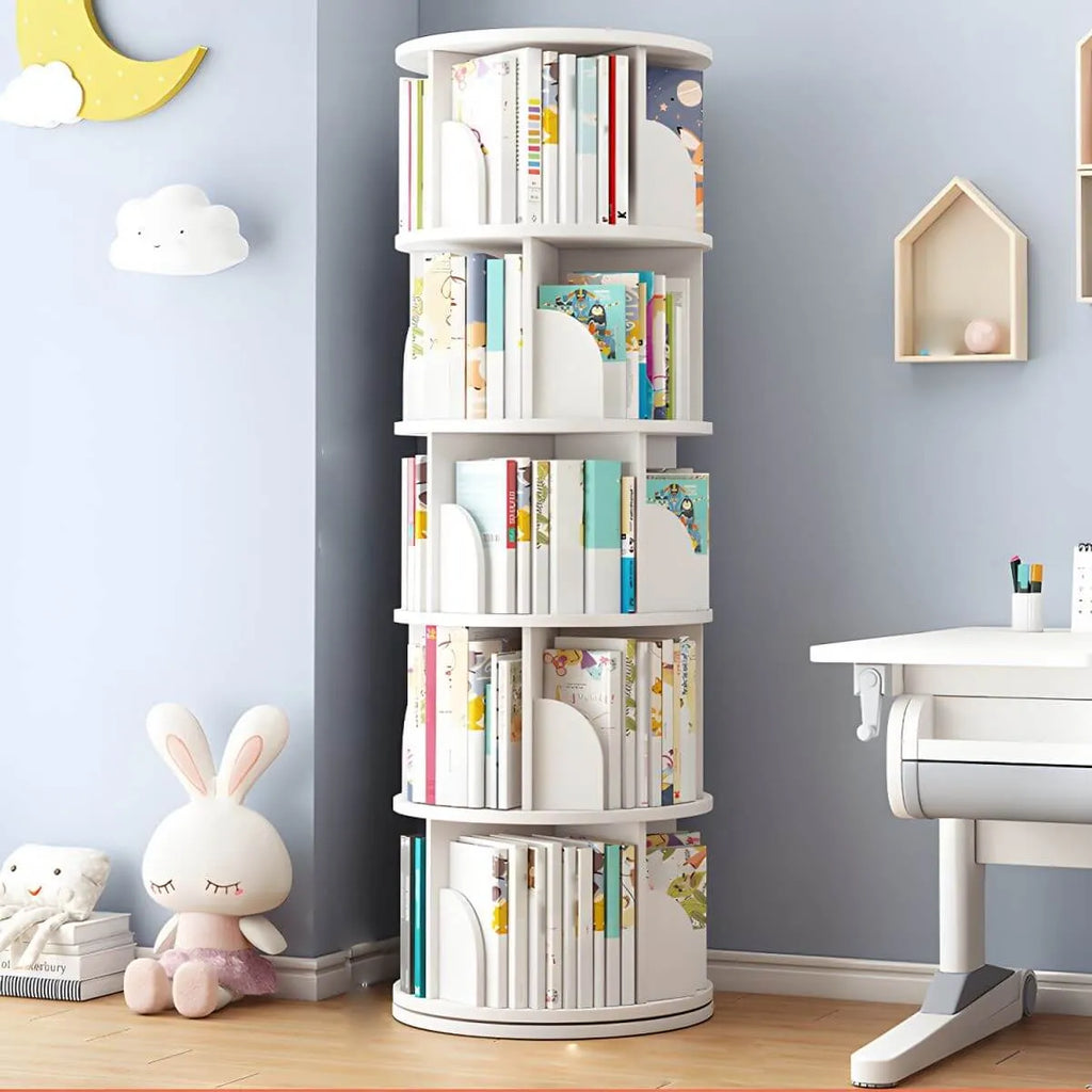 Modern White Rotating Geometric Bookshelf – Wood Open Storage