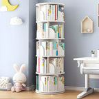 Modern White Rotating Geometric Bookshelf – Wood Open Storage