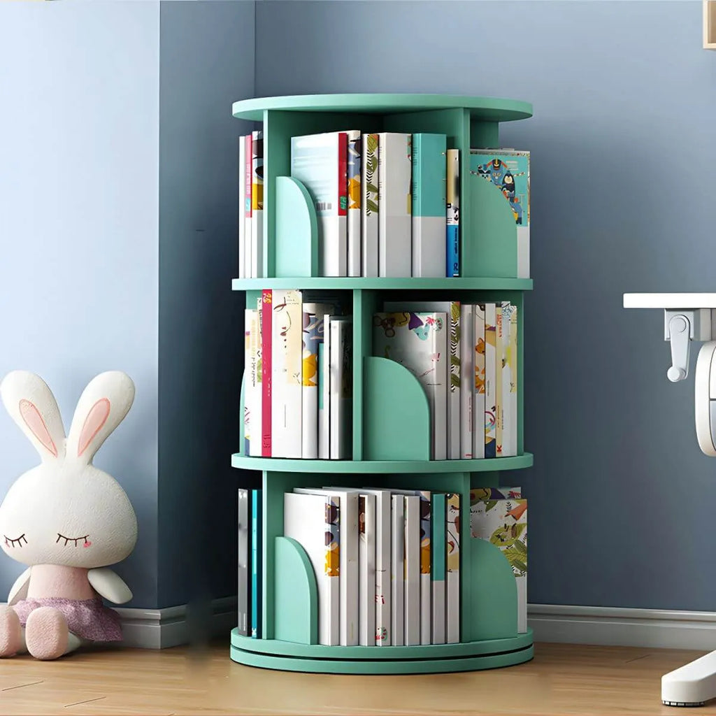 Modern White Rotating Geometric Bookshelf – Wood Open Storage