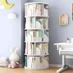 Modern White Rotating Geometric Bookshelf – Wood Open Storage