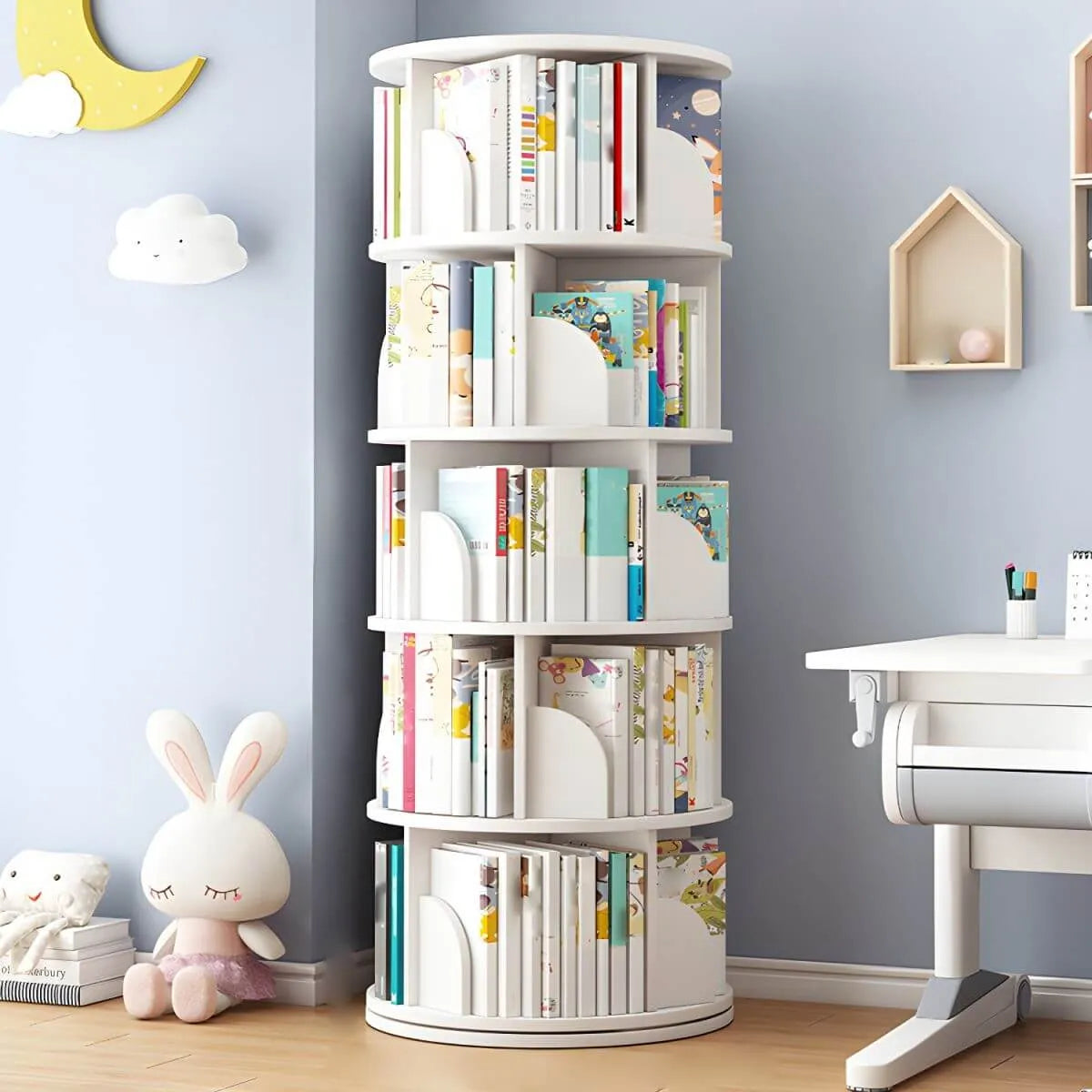 Modern White Rotating Geometric Bookshelf – Wood Open Storage