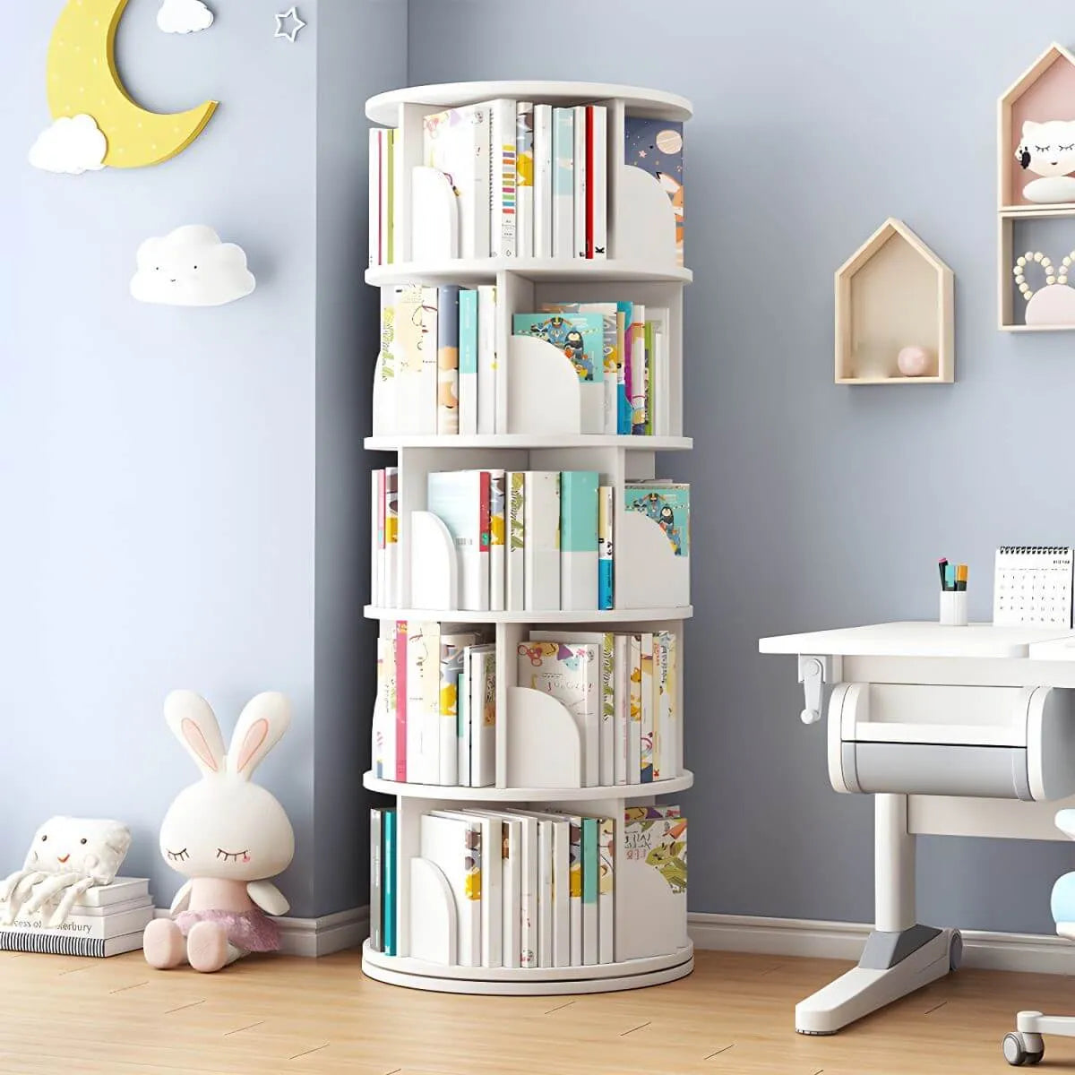 Modern White Rotating Geometric Bookshelf – Wood Open Storage Main Product Image Imagen principal del producto