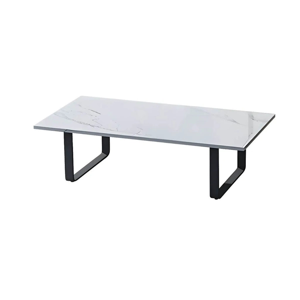 Modern White Stone Rectangular Coffee Table with Black Metal Frame