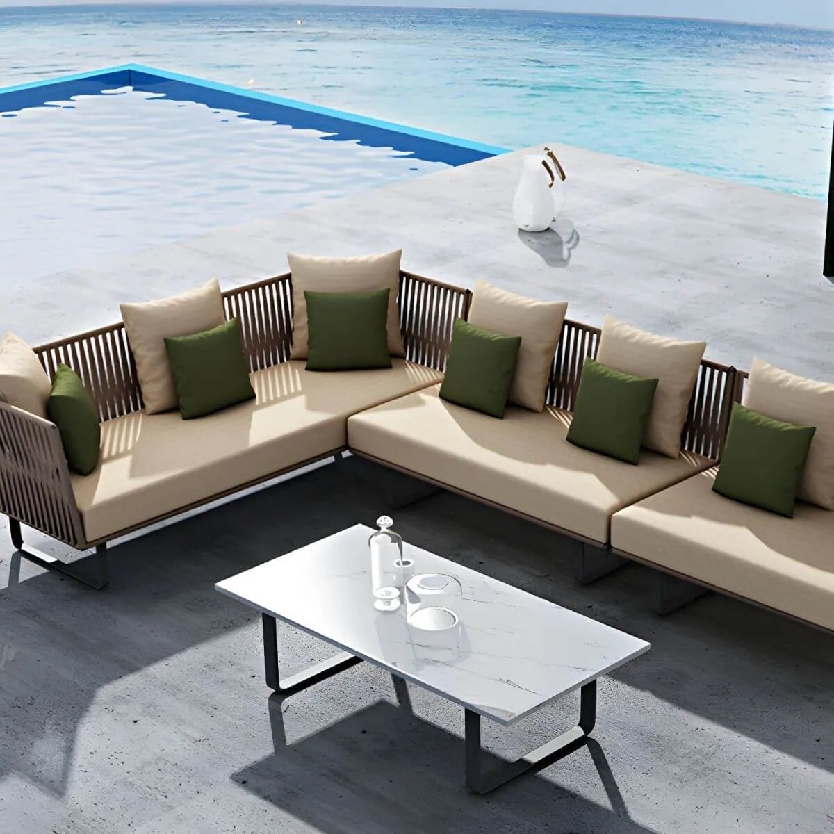 Modern White Stone Rectangular Coffee Table with Black Metal Frame