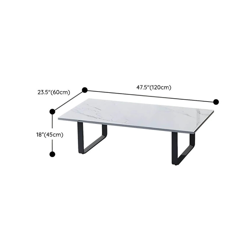 Modern White Stone Rectangular Coffee Table with Black Metal Frame Dimensions