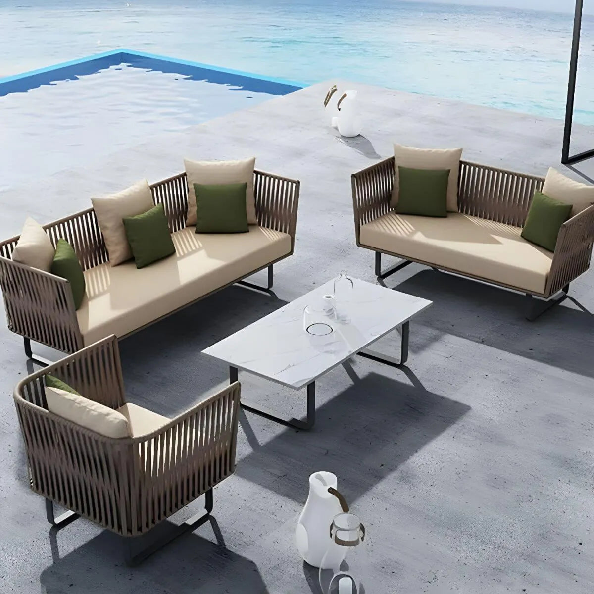 Modern White Stone Rectangular Coffee Table with Black Metal Frame Main Product Image Main image