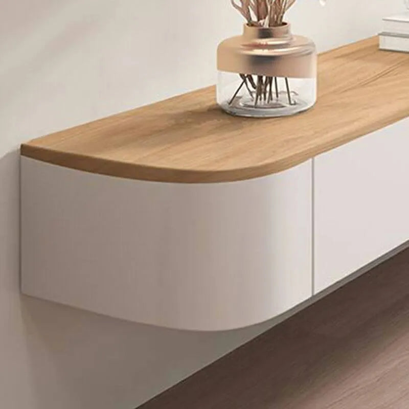 Modern White Wall-Mounted TV Stand with Wood Top and Hidden Storage