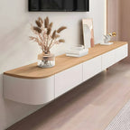 Modern White Wall-Mounted TV Stand with Wood Top and Hidden Storage