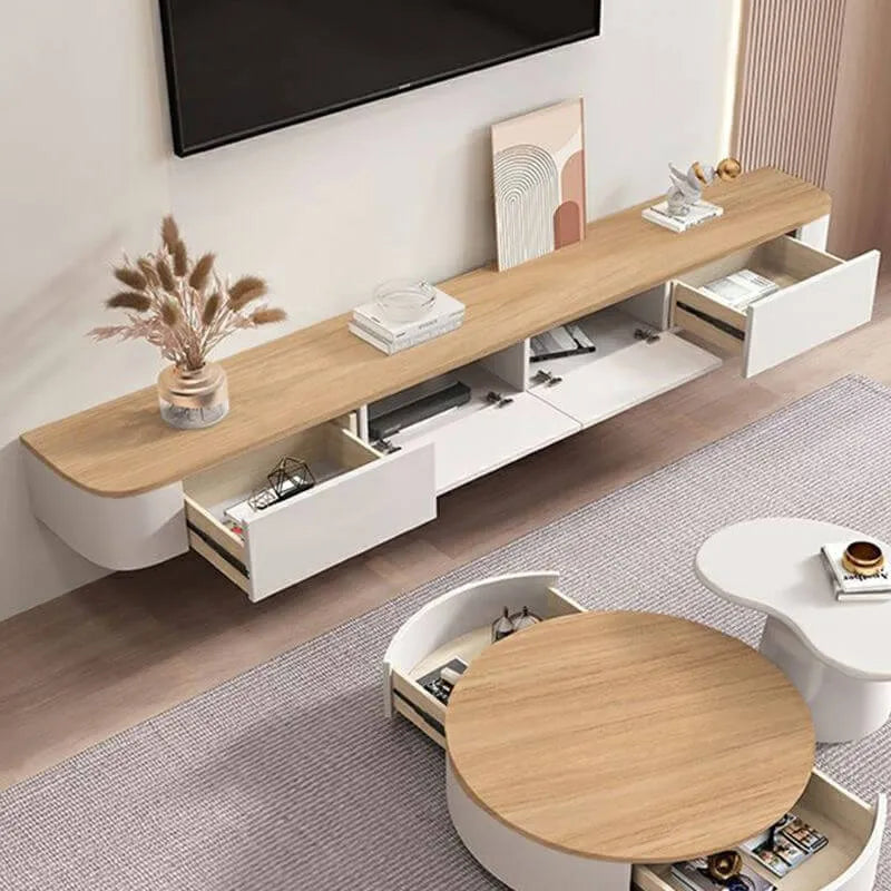 Modern White Wall-Mounted TV Stand with Wood Top and Hidden Storage