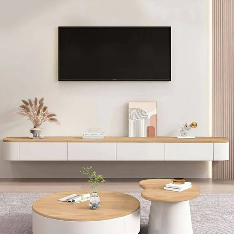 Modern White Wall-Mounted TV Stand with Wood Top and Hidden Storage ...