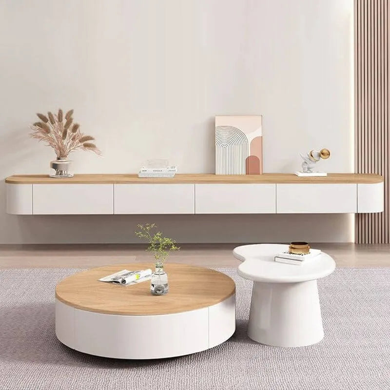 Modern White Wall-Mounted TV Stand with Wood Top and Hidden Storage Secondary image