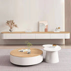 Modern White Wall-Mounted TV Stand with Wood Top and Hidden Storage
